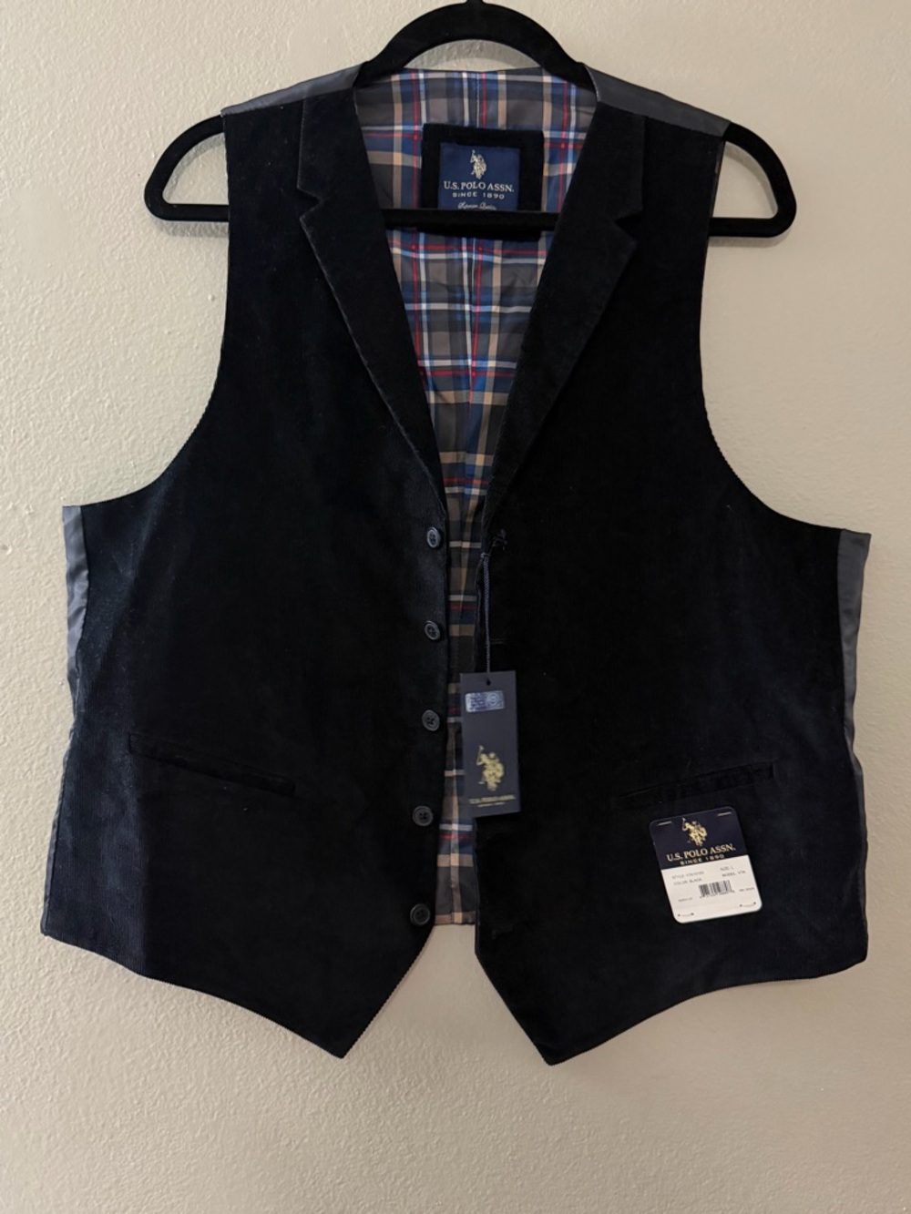 US Polo Assn Black Corduroy Vest Mens L NWT Plaid Lined Preppy Waistcoat